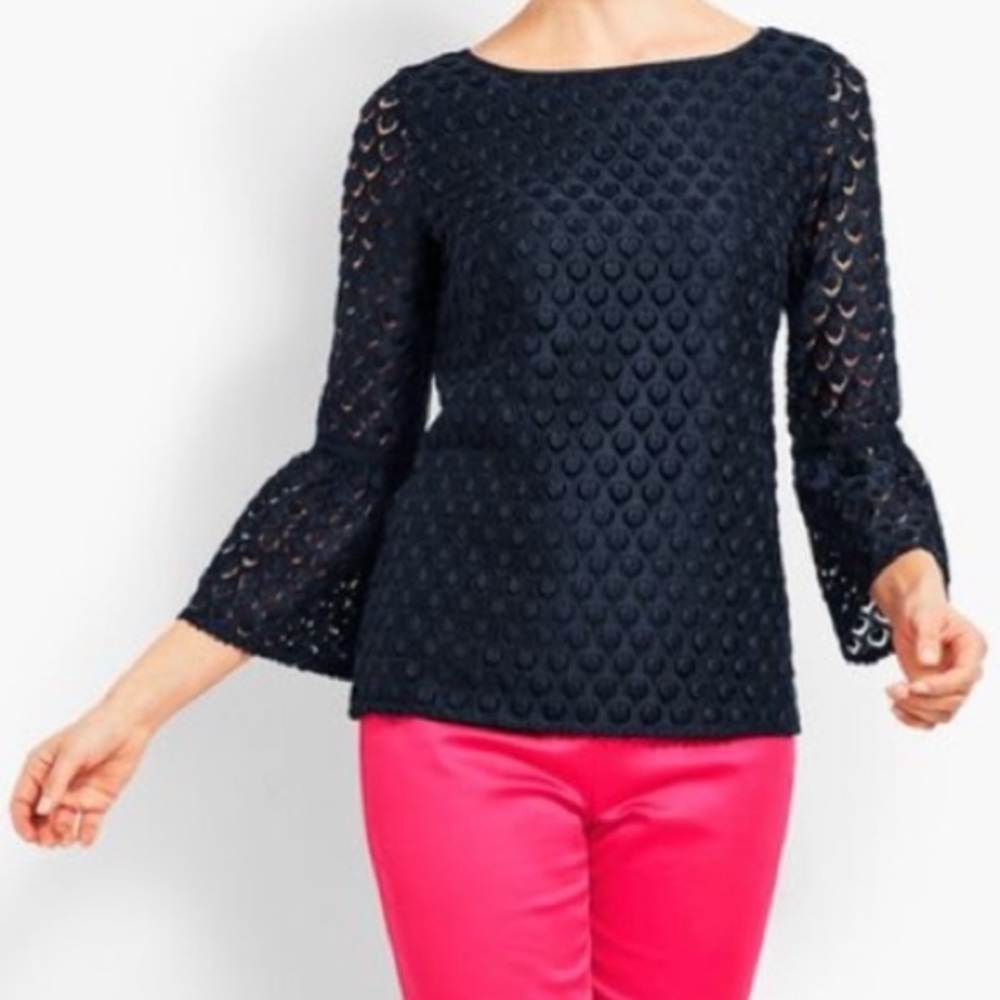 Talbots RSVP Navy Blue Lace Bell Sleeve Top Lined Women’s Size Medium